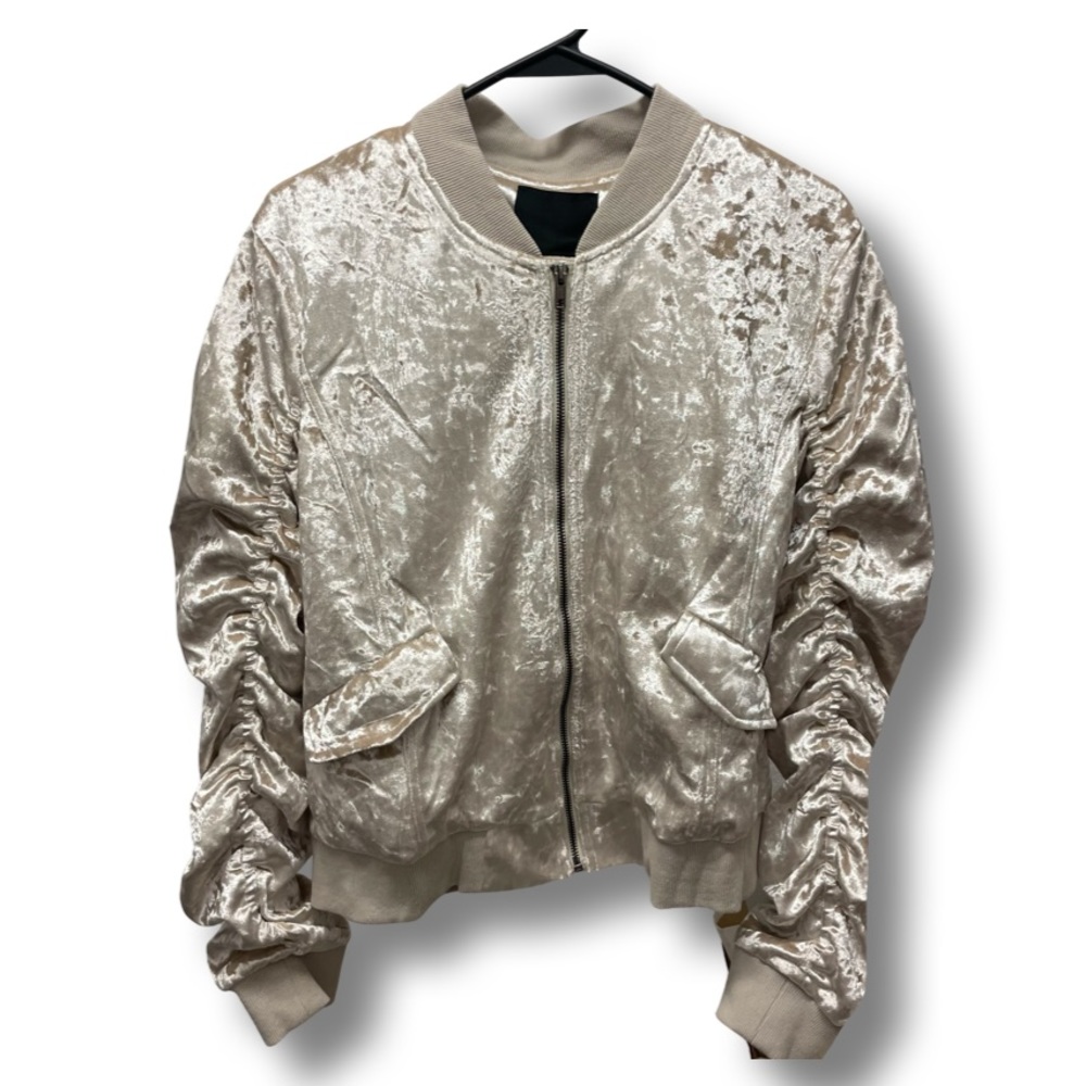 Velvet Ruched Bomber Jacket-Sand